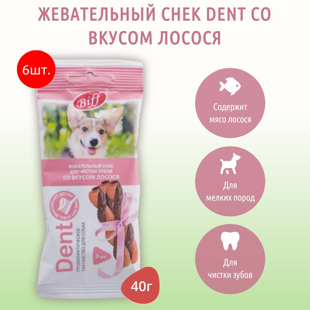 Жевательный снек Biff DENT со вкусом лосося TiTBiT 240 г (6 упаковок по 40 грамм) для мелких собак. ТитБит #1