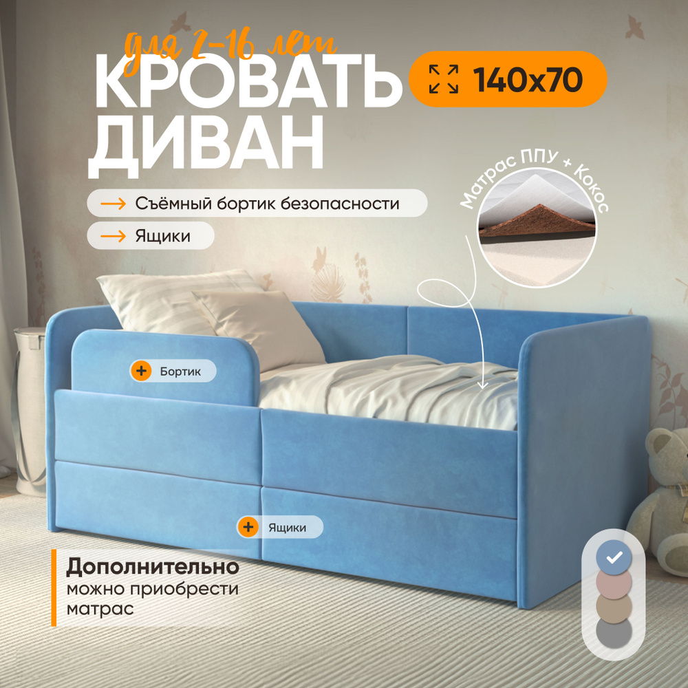 Кровать детская 140х70 My Sleeep Smile, 2 подкроватных ящика, защитный бортик, велюр, голубой, кровать #1