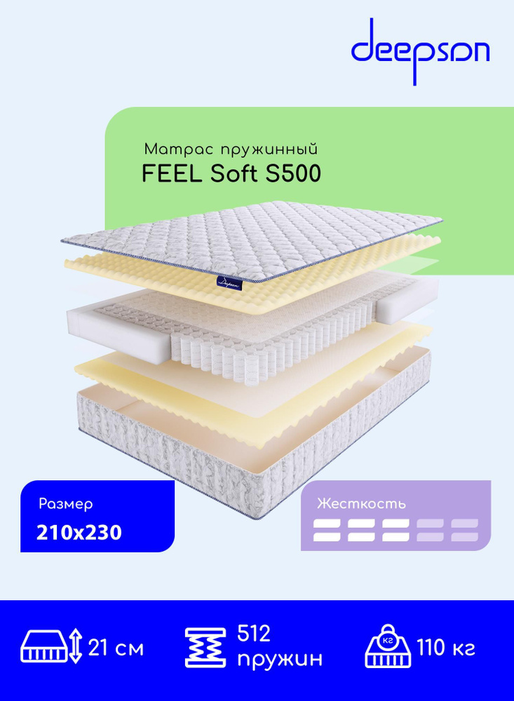 Матрас Deepson FEEL Soft S500 средней жесткости, двуспальный, пружинный, на кровать 210x230  #1