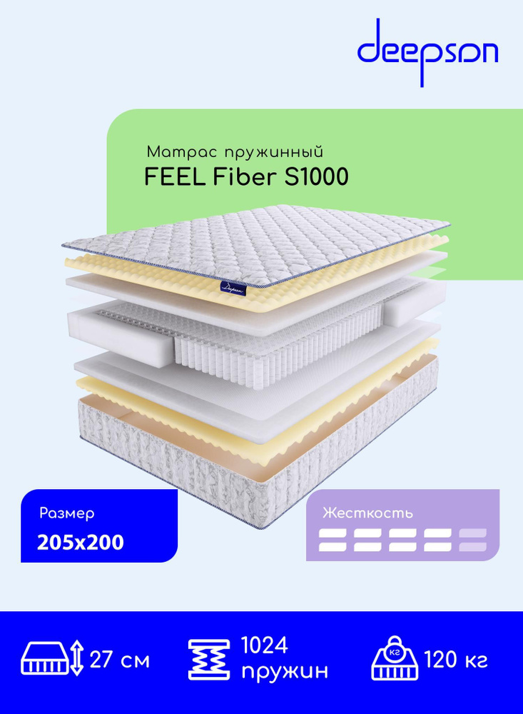 Матрас Deepson FEEL Fiber S1000 средней жесткости, двуспальный, пружинный, на кровать 205x200  #1