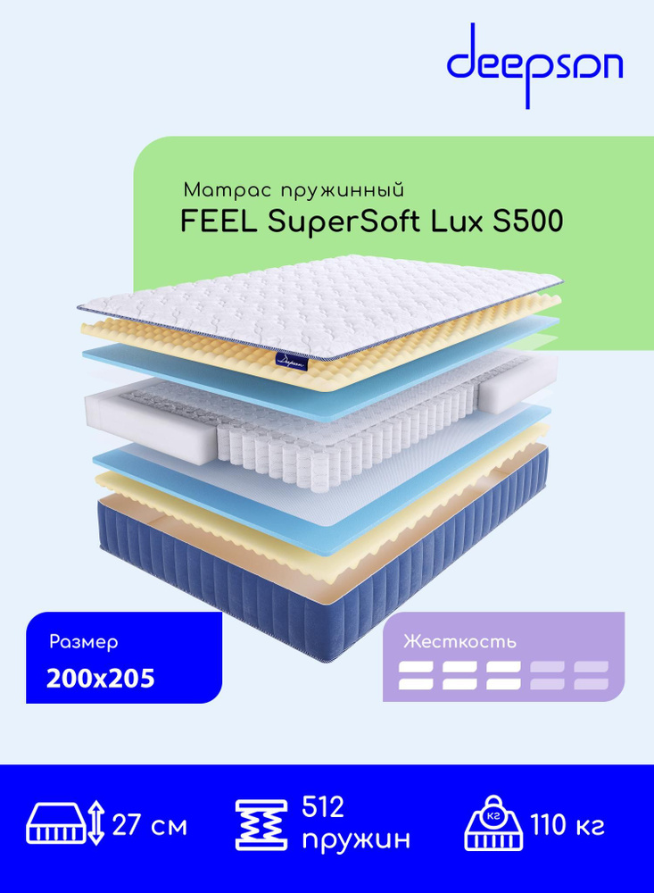 Deepson FEEL SuperSoft LUX S500 средней жесткости, Двуспальный, Беспружинный, На кровать 200x205  #1