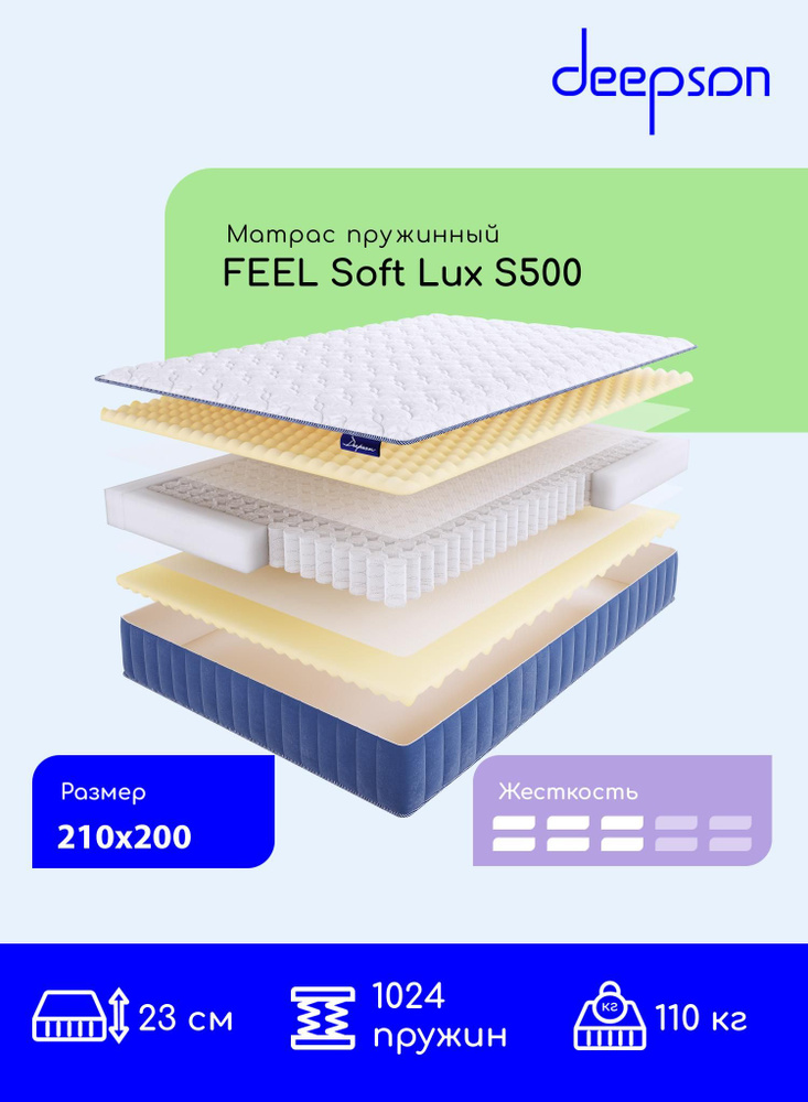 Deepson FEEL Soft LUX S500 средней жесткости, Двуспальный, Беспружинный, На кровать 210x200  #1