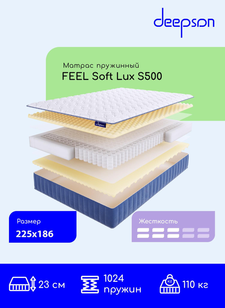 Матрас, ортопедический Deepson FEEL Soft LUX S500 средней жесткости, Двуспальный, Беспружинный, На кровать #1