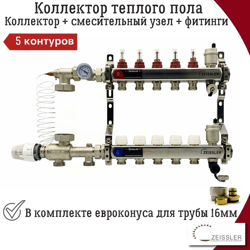 Комплект для водяного теплого пола без насоса до 80 кв/м ZEISSLER, коллекторная группа 5 выходов с расходомерами #1