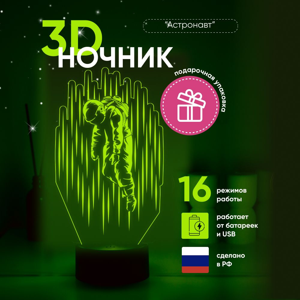 Ночник 3D ЛАМПАНОЧИ, светильник 3Д КОСМОНАВТ #1