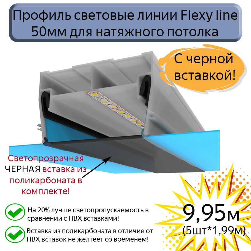 Профиль световые линии Flexy line 50мм,ЧЕРНАЯ вставка ПК в комплекте, 9,95м  #1