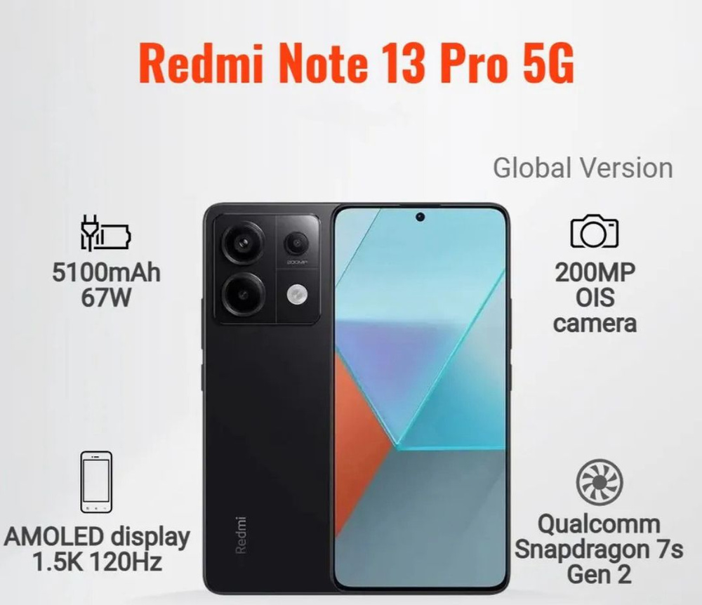 Xiaomi Смартфон Redmi Note 13 Pro（Русский, Google, Dual-SIM） 12/512 ГБ, Nano-SIM, черный матовый, черный #1