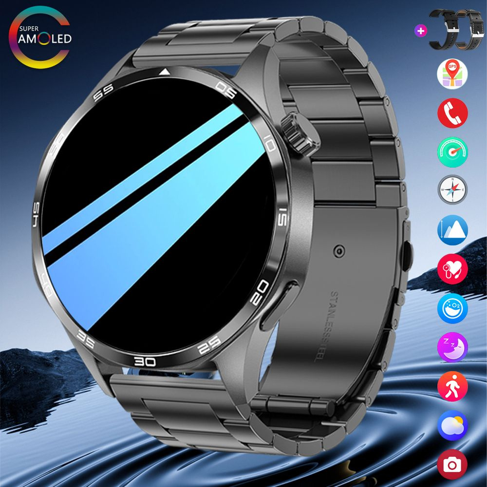 SACOSDING Умные часы Cмарт часы amoled, 47mm, Черная сталь B+3 ремня  #1