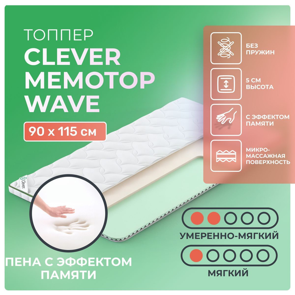 Топпер 90х115 Clever MemoTop Wave, с резинками по углам, беспружинный, двусторонний с разной жесткостью, #1