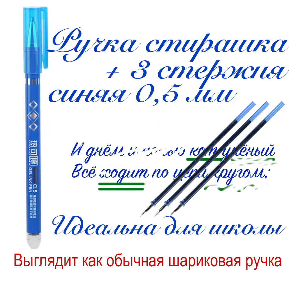 Ручка пиши стирай синяя +3 стержня, со стираемыми чернилами, 0,5 мм. Подходит для школы  #1