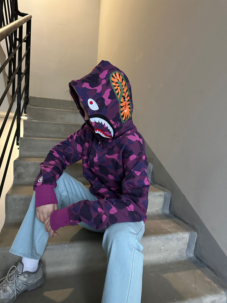 Толстовка Мужской, Женский A BATHING APE Бахрома, Капюшон фиолетовый ...