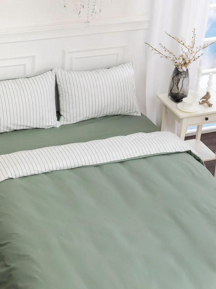 Cozy Home, Постельное белье 1.5 перкаль, 2 нав. 50х70 с ушками, Однотонный/Only Color, Нефритовая полоска/Jade #1