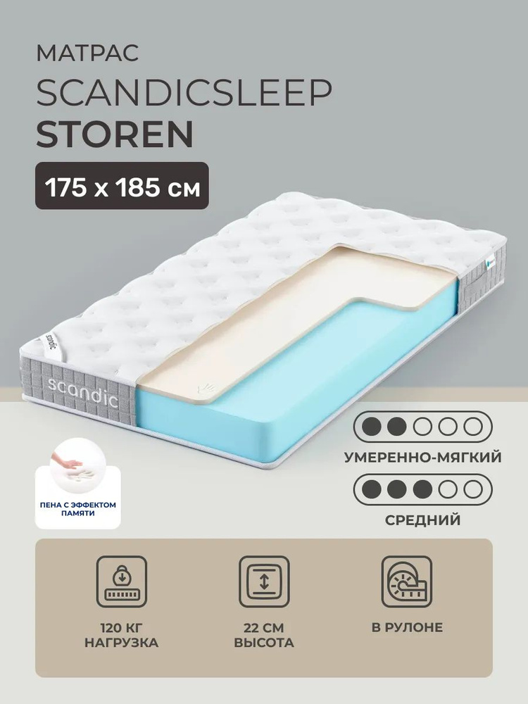 Матрас 175х185 ScandicSleep Storen, беспружинный, двусторонний с разной жесткостью, полумягкий, cредне-жёсткий, #1