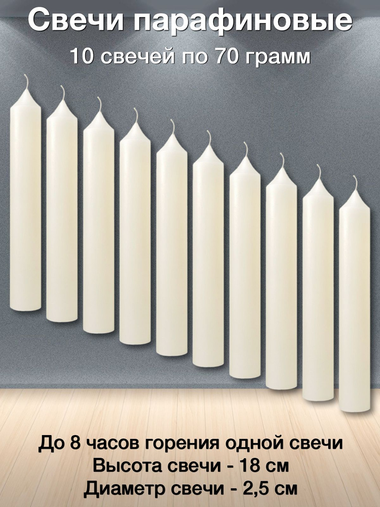 Свеча парафиновая Хозяйственная 8 часов горения 18см *2,5 см, 70г * 10штук #1