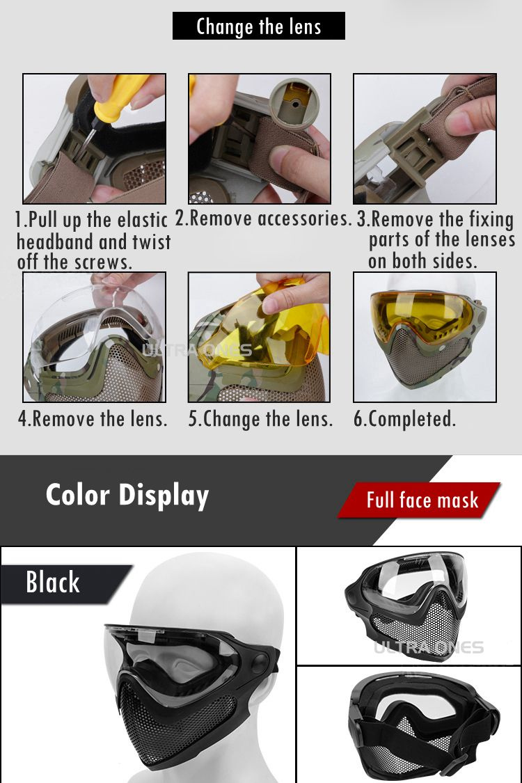 тактическая маска с 3-цветными линзами, пейнтбольная полнолицевая маска ...