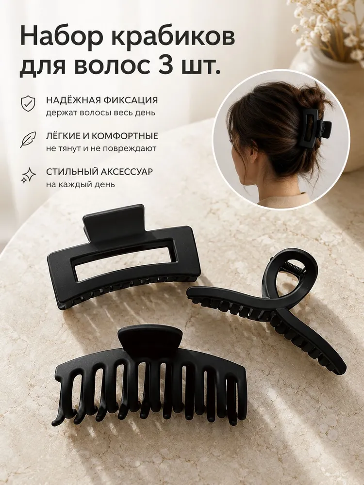 Заколки для волос 3 шт, черные матовые, зажимы-акулы большие для пучка, 3 шт