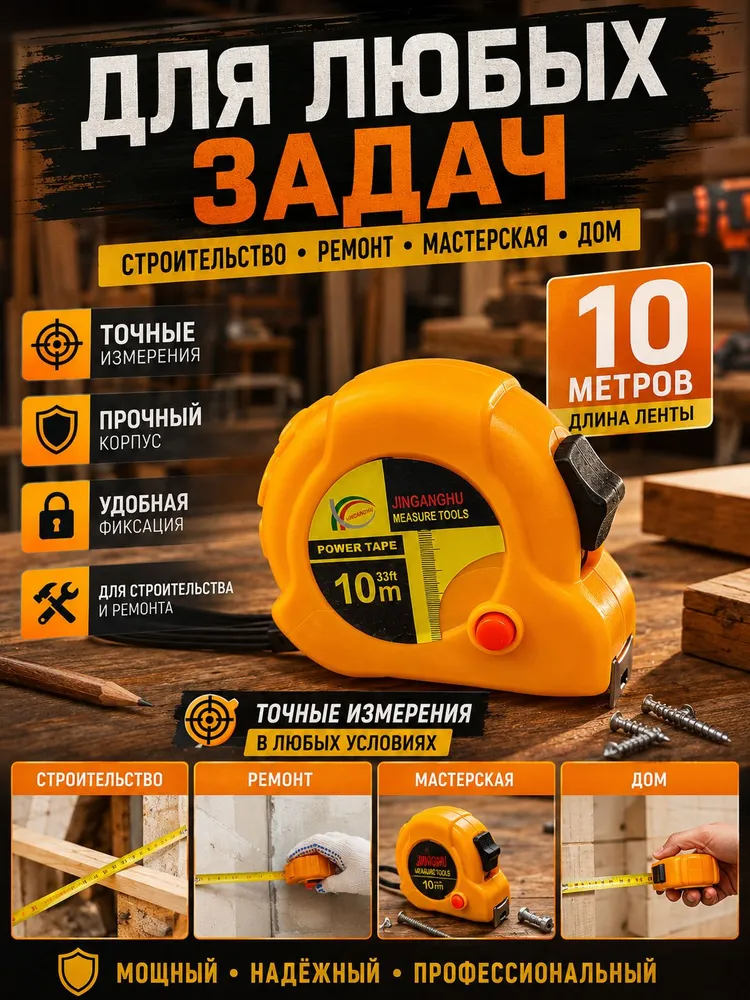 Рулетка строительная измерительная 10 м х 25 мм с автостопом и фиксатором, корпус повышенной жесткости, усиленный зацеп, 10 м, фото 3