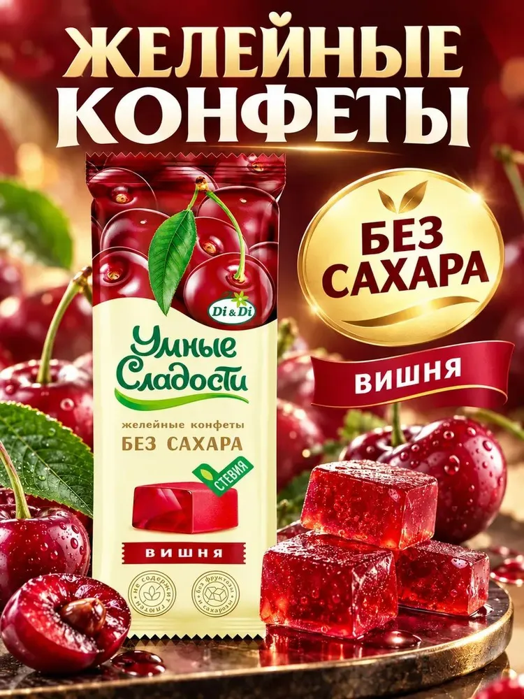 Конфеты желейные без сахара, Вишня, "Умные сладости" 90 г,, 90 г