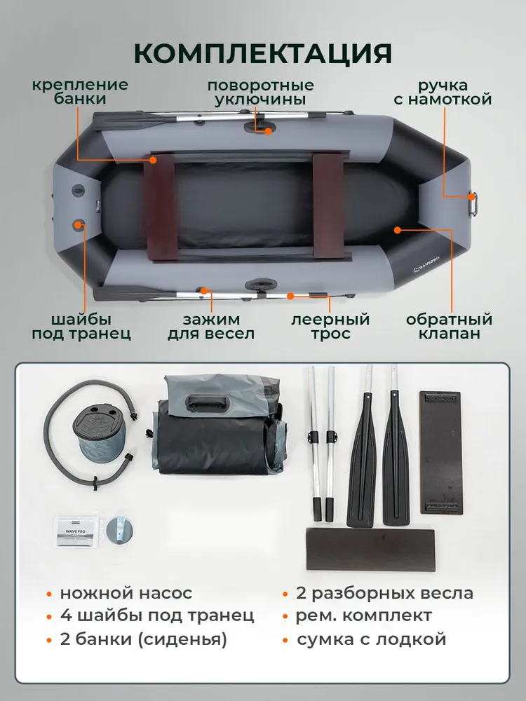 WAVEPRO Лодка надувная для рыбалки ПВХ 280 см, серый, серый, фото 3