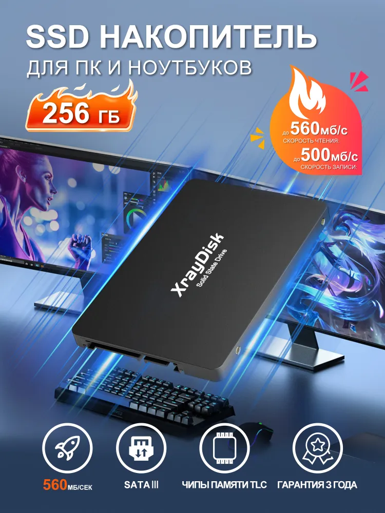 XrayDisk 256 ГБ Внутренний SSD-диск XrayDisk SATA SSD 256GB, 2.5", SATA III 6 Гбит/с (Внутренний SSD-диск)