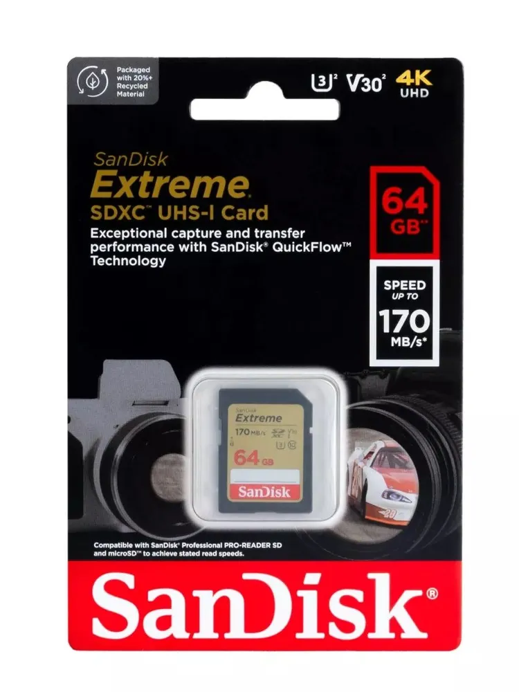 Карта памяти SanDisk SDXC Extreme Class 10 UHS-I V30 U3 (170/80MB/s) 64GB, 64 ГБ, фото 3