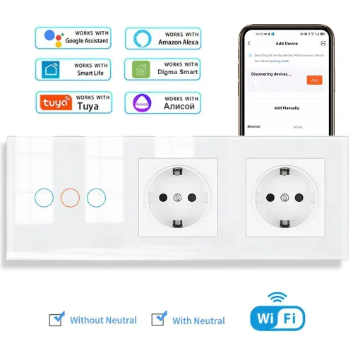 Умный сенсорный WIFI выключатель с двумя розетками в одной стеклянной белой рамке для Алисы, трехкла