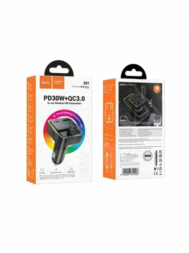 MP3 FM модулятор Hoco E81 12-24V (гн.USB-A QC3.0+гн.Type-C 30Вт, Bluetooth 5.0)
