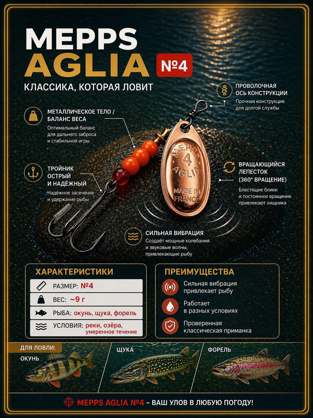 Блесна вращающаяся для рыбалки Mepps AGLIA №4 на щуку, окуня, форель