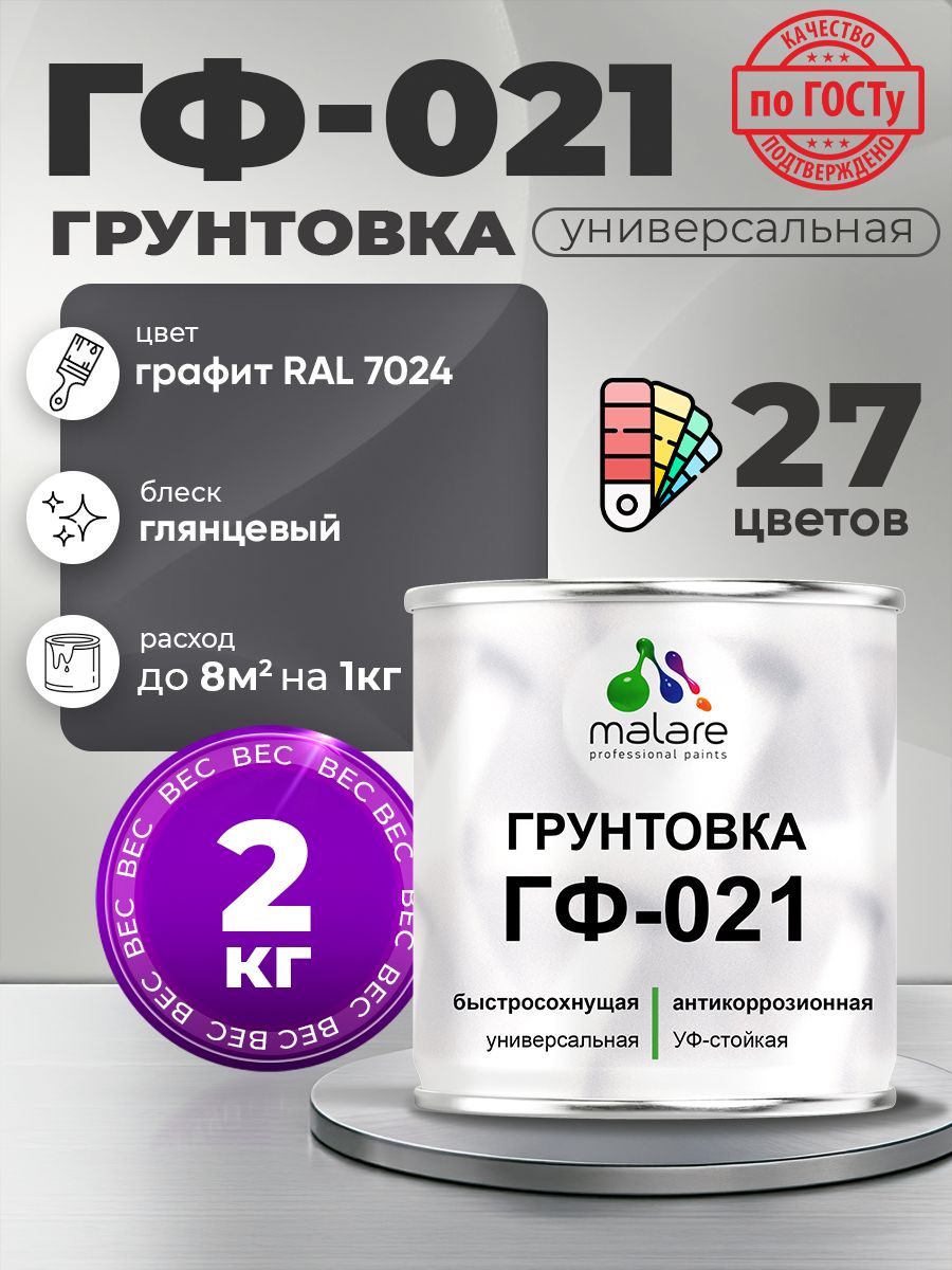 Грунтовка Malare ГФ-021 для металла, минеральных поверхностей для внутренних и наружных работ, антикоррозионная быстросохнущая RAL 7024, графитово-серый(темный), глянцевая, 2 кг.