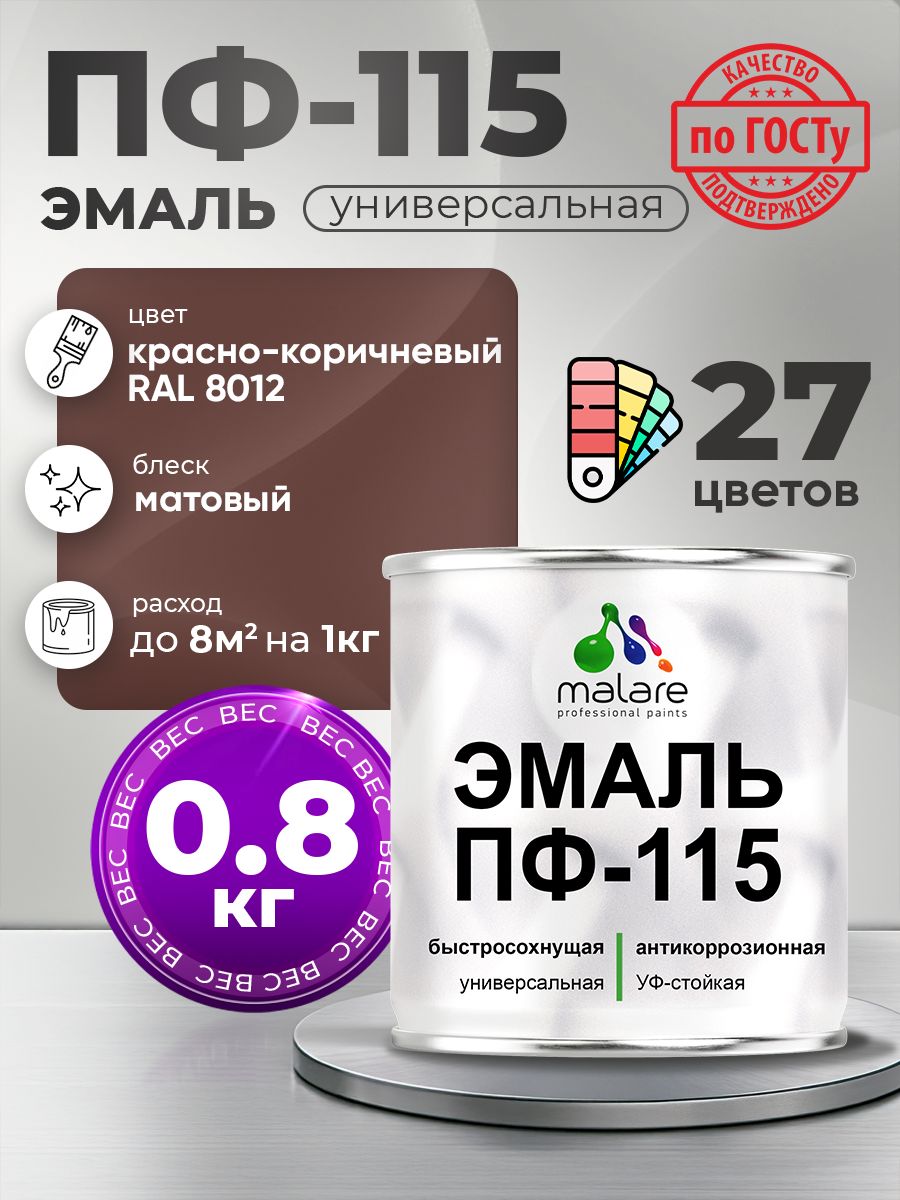 Эмаль Malare ПФ-115 краска для металла по дереву для минеральных поверхностей для внутренних и наружных работ антикоррозионная быстросохнущая, RAL 8012, красно-коричневый, матовая, 0,8 кг