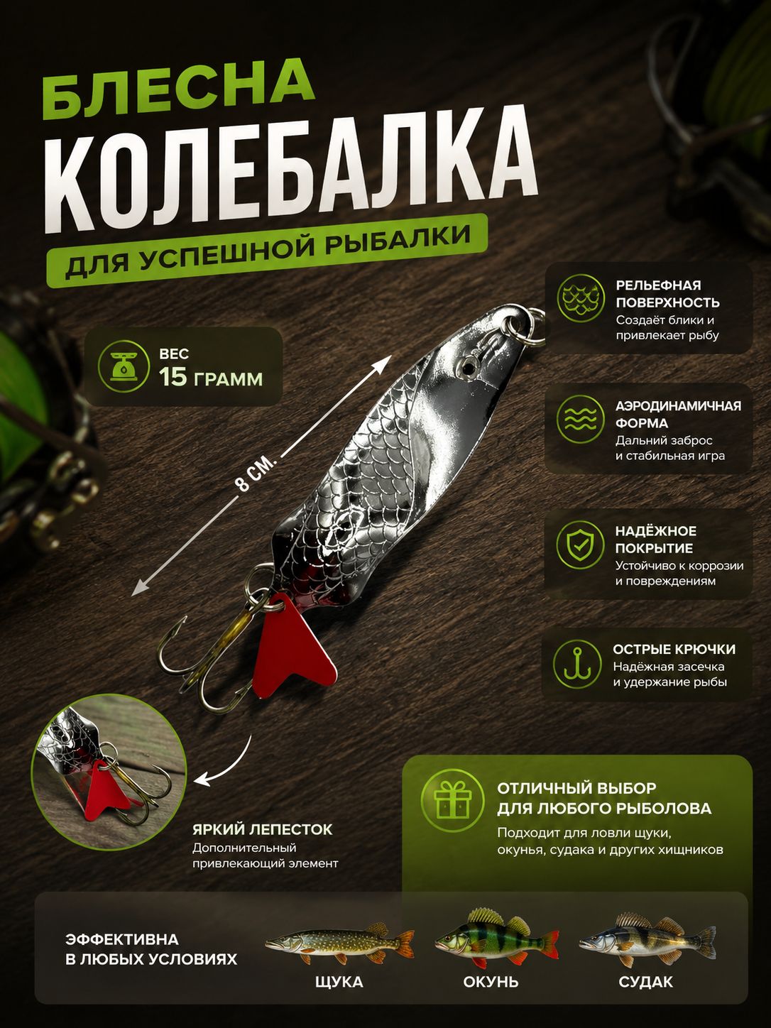 Блесна рыболовные, колебалка на щуку судака набор 5 шт.