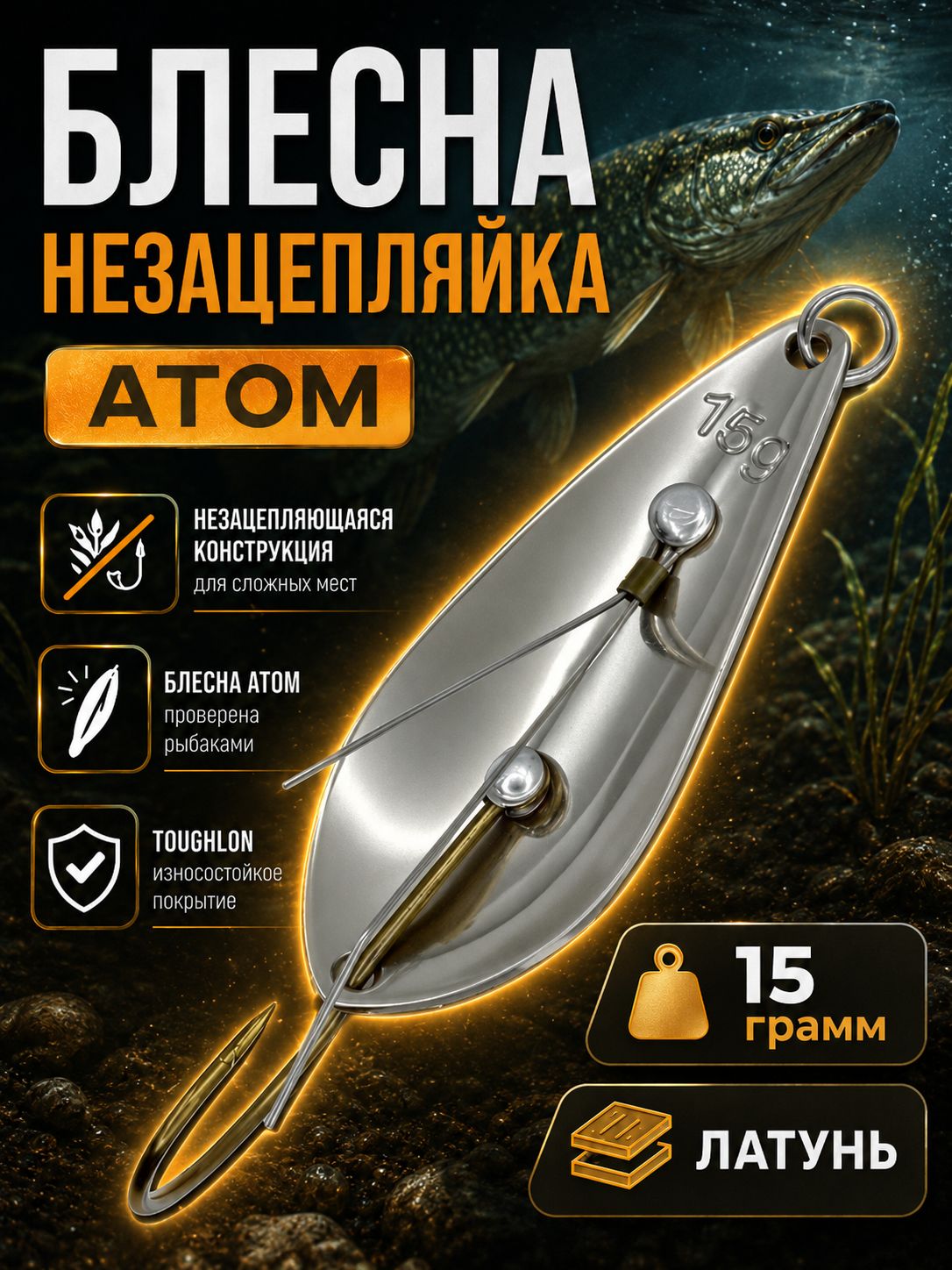 Блесна незацепляйка атом колебалка на щуку, жереха и судака 15 гр.