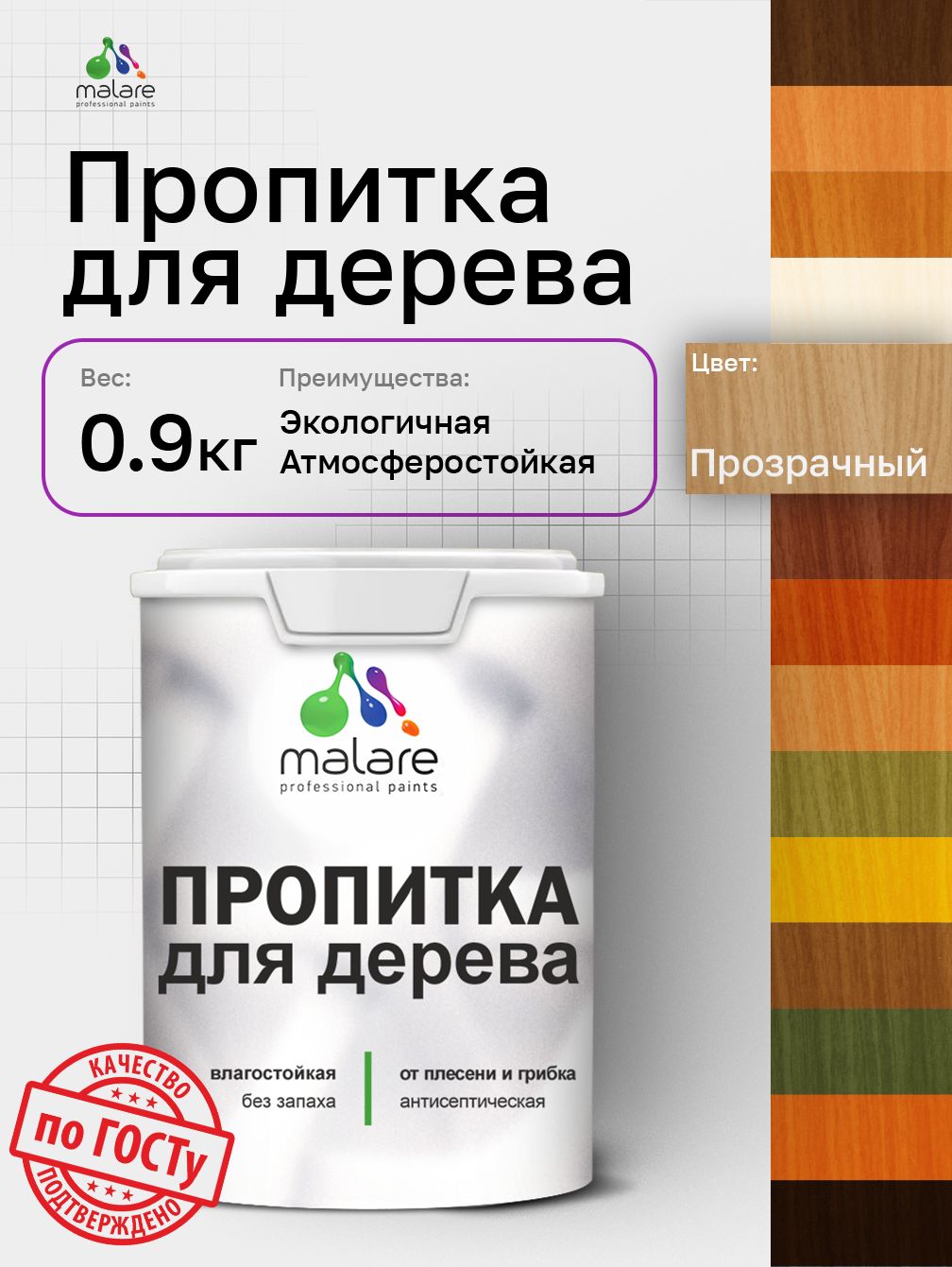Пропитка для дерева Malare от плесени и грибка с антисептическим эффектом, пропитка для наружных и внутренних работ, акриловая водная быстросохнущая без запаха, полуглянцевая, прозрачный, 0,9 л
