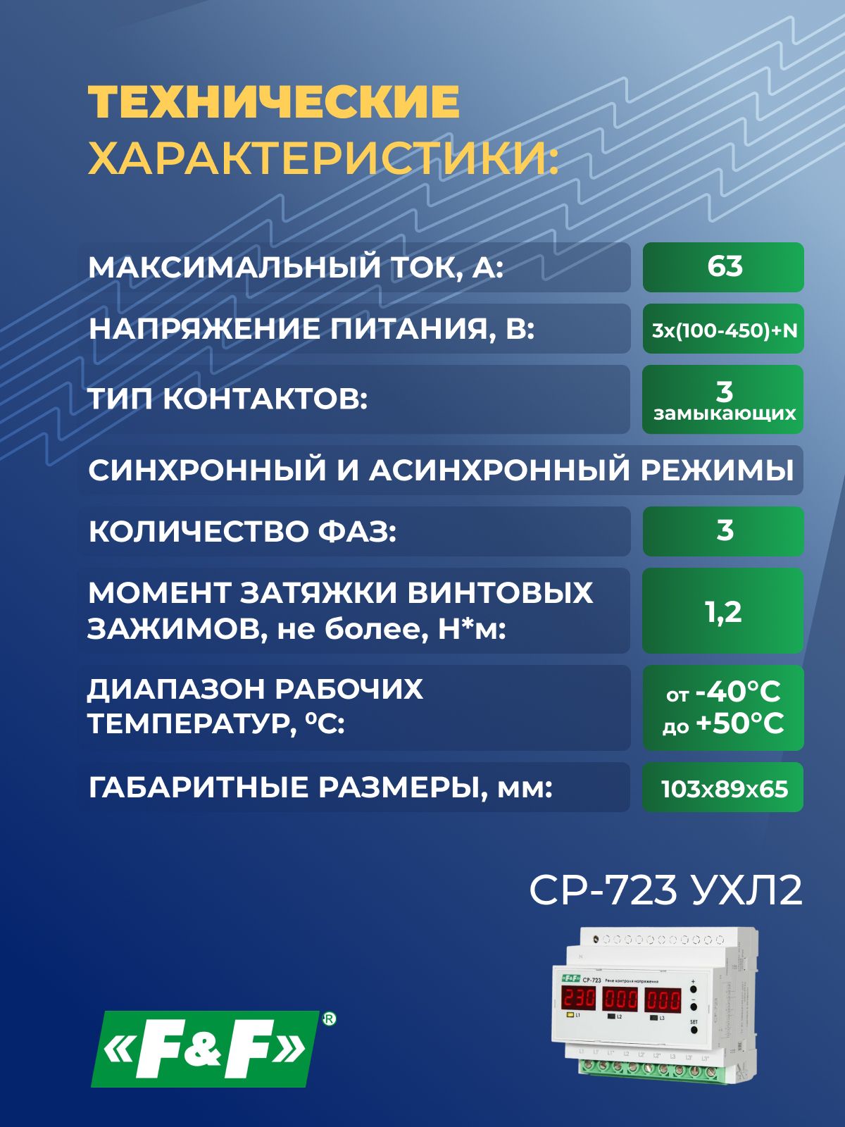 Реле контроля напряжения CP-723 УХЛ2 трёхфазное, Евроавтоматика F&F