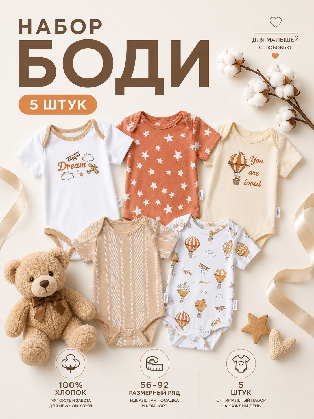 Боди для новорождённых с коротким рукавом Крошка Я Dream, набор 5 шт., рост 74-80 см