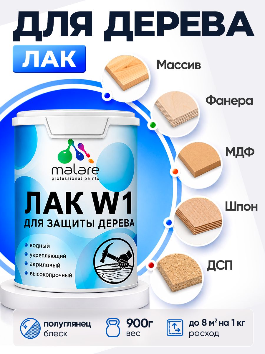 Лак водный для дерева Malare W1 для деревянных и минеральных поверхностей, моющийся без запаха быстросохнущий, бесцветный полуглянцевый, 0.9 кг.