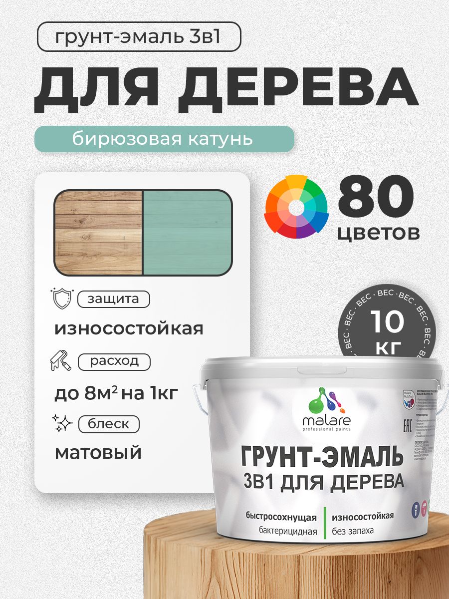 Акриловая Грунт-Эмаль 3 в 1 Malare для деревянных поверхностей с антисептическим эффектом, быстросохнущая, моющаяся без запаха матовая, бирюзовая катунь, 10 кг