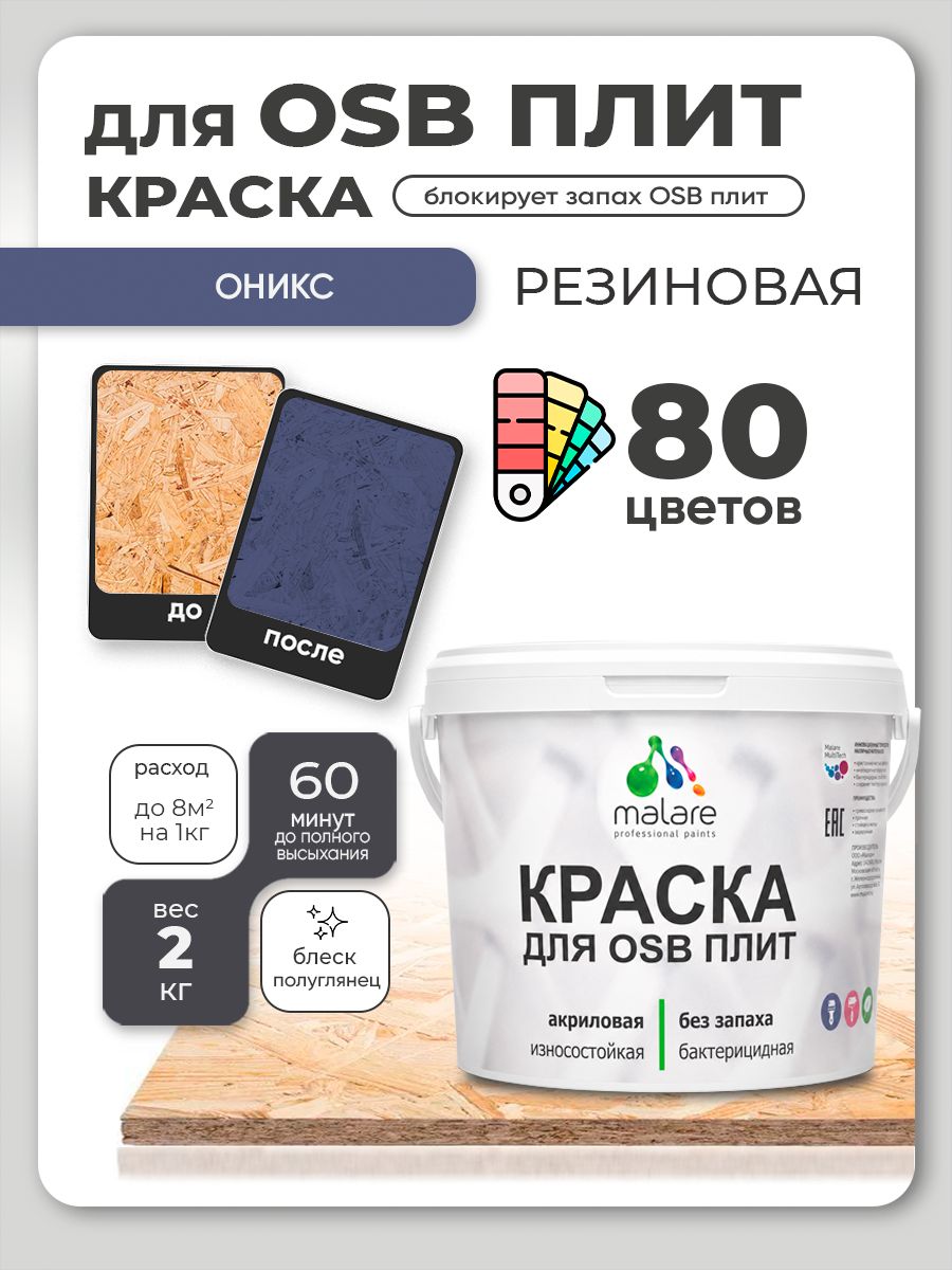 Резиновая краска для ОСБ плит Malare акриловая краска для дерева для наружных и внутренних работ, быстросохнущая без запаха полуглянцевая, оникс, 2 кг