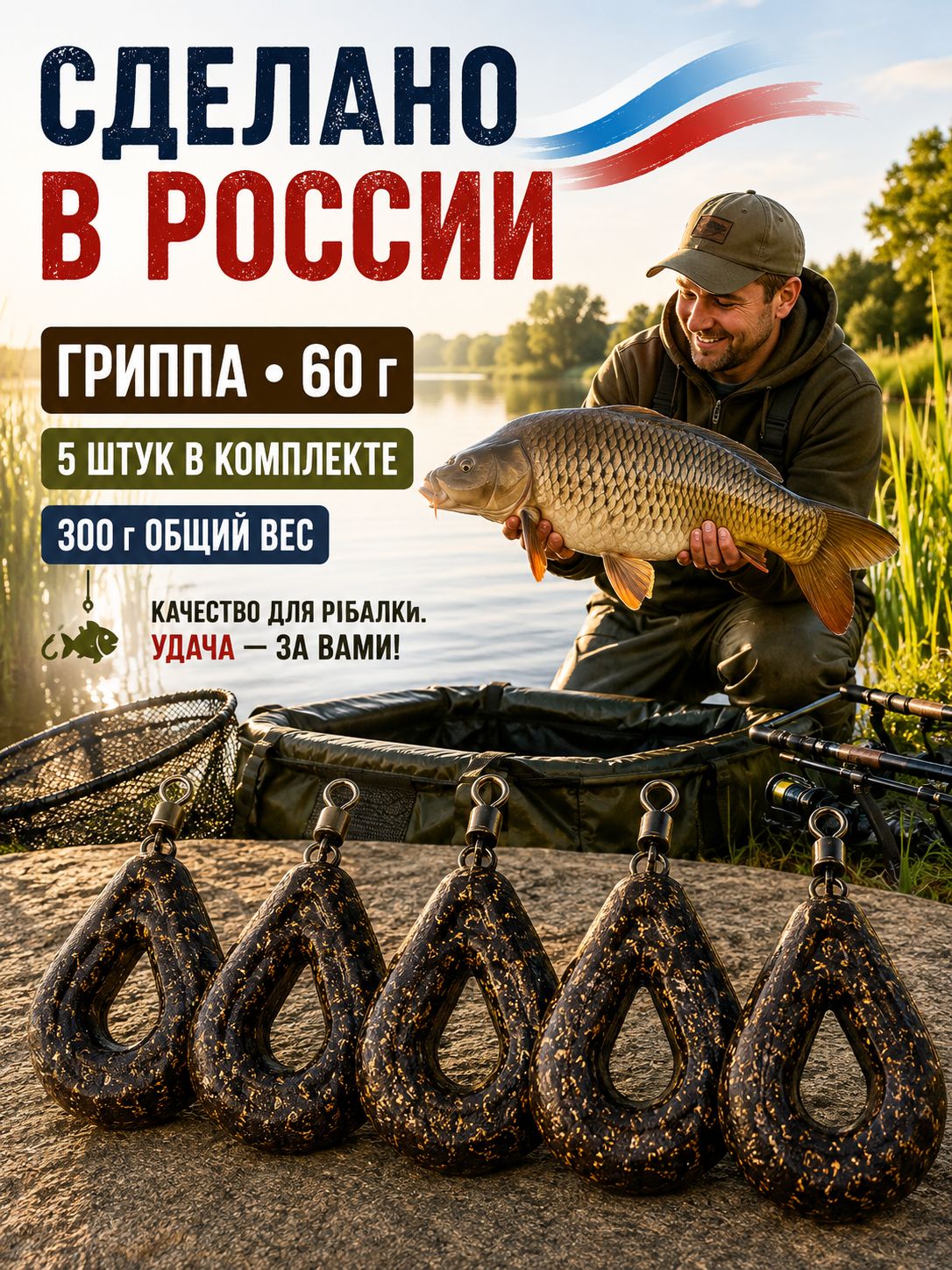 Грузило Гриппа 60 г, 5 шт, коричневое, для донной и карповой оснастки