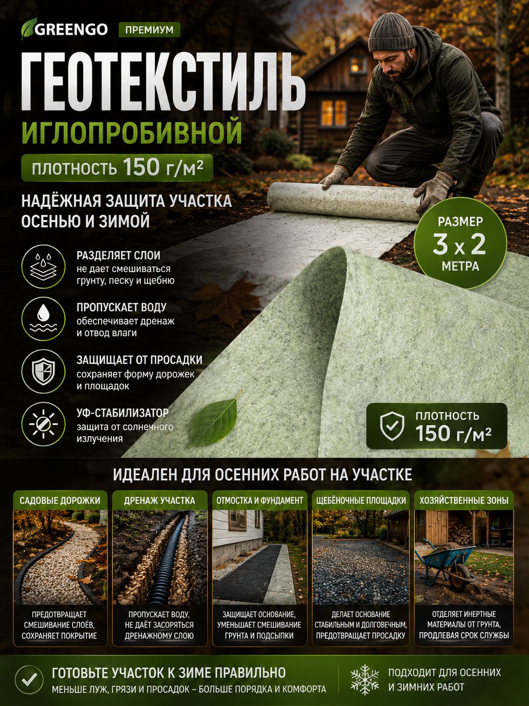 Геотекстиль иглопробивной 3х2 м, 150 г/м, с УФ-стабилизатором, для дренажа, дорожек, отмостки и благоустройства участка