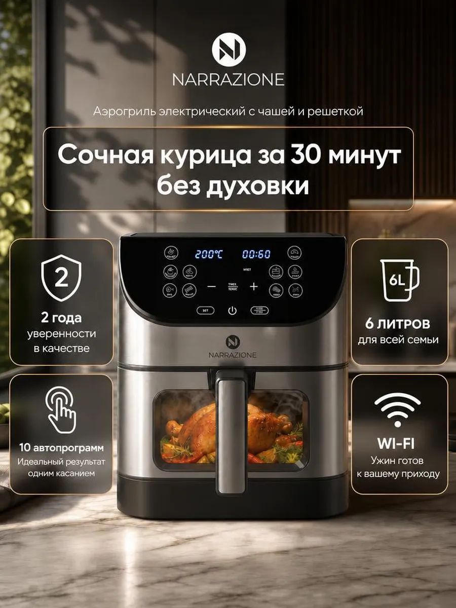 Аэрогриль электрический NARRAZIONE ERA-620D / 6л,1500вт, 9 программ, аэрогриль с окном