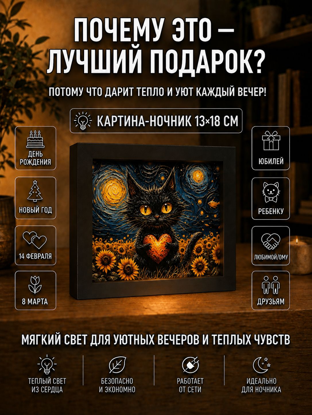 Котик с сердечком среди подсолнухов