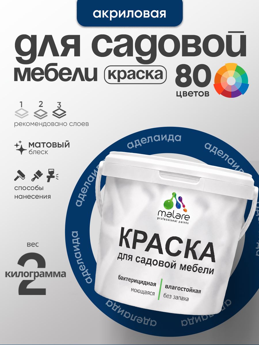 Акриловая краска Malare для садовой мебели/ по дереву, для наружных и внутренних работ/ быстросохнущая моющаяся без запаха матовая, аделаида, 2 кг