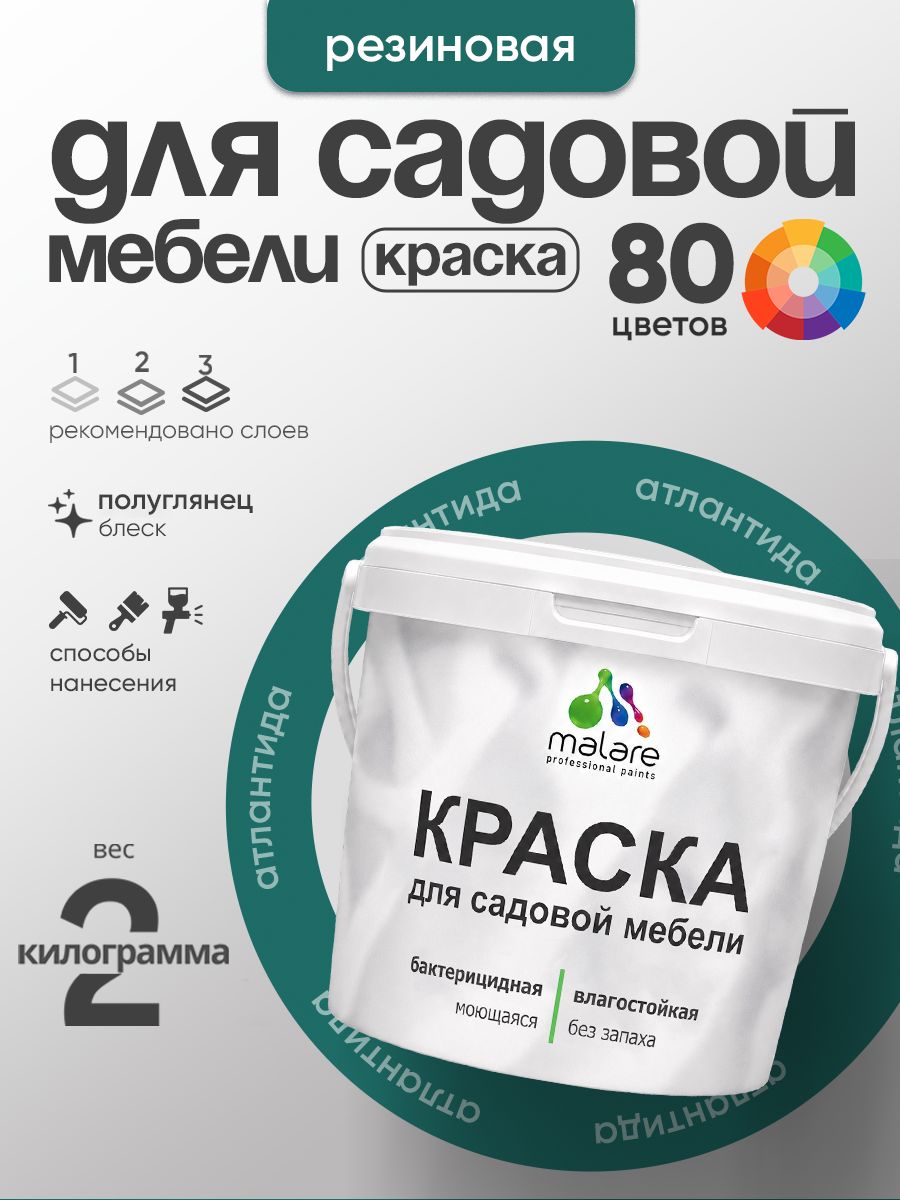 Резиновая краска Malare для садовой мебели/ по дереву, для наружных и внутренних работ/ быстросохнущая моющаяся без запаха полуглянцевая, атлантида, 2 кг