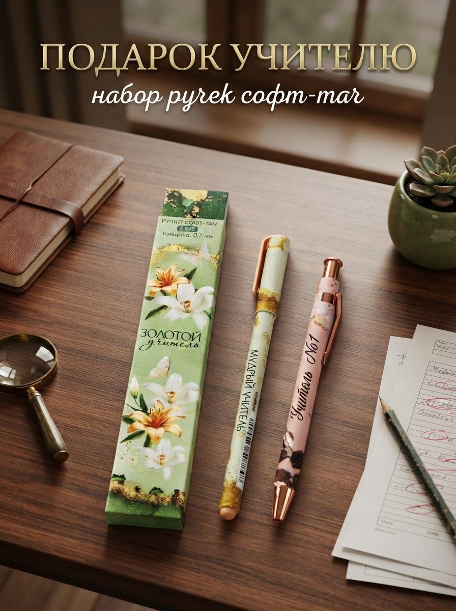 Ручка шариковая, синяя паста, 0.7 мм, пластик, софт-тач, набор из 2 шт. Учитель