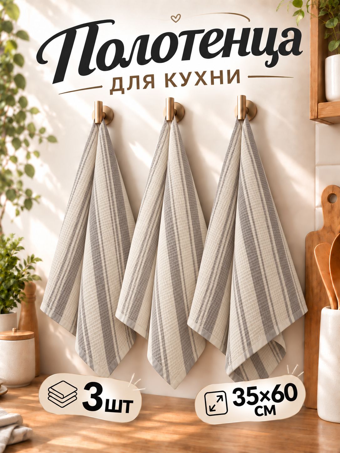 Полотенца вафельные кухонные 35х60 см, Набор 3 штуки, Серые