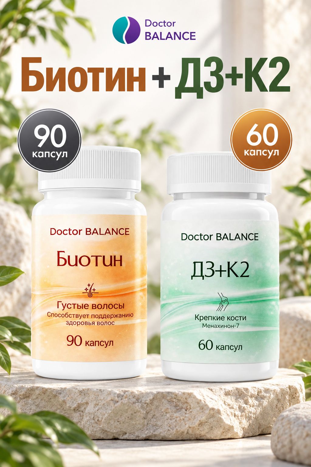 Набор Doctor Balance: Биотин 150 мкг 90 + Витамины D3 + K2 60