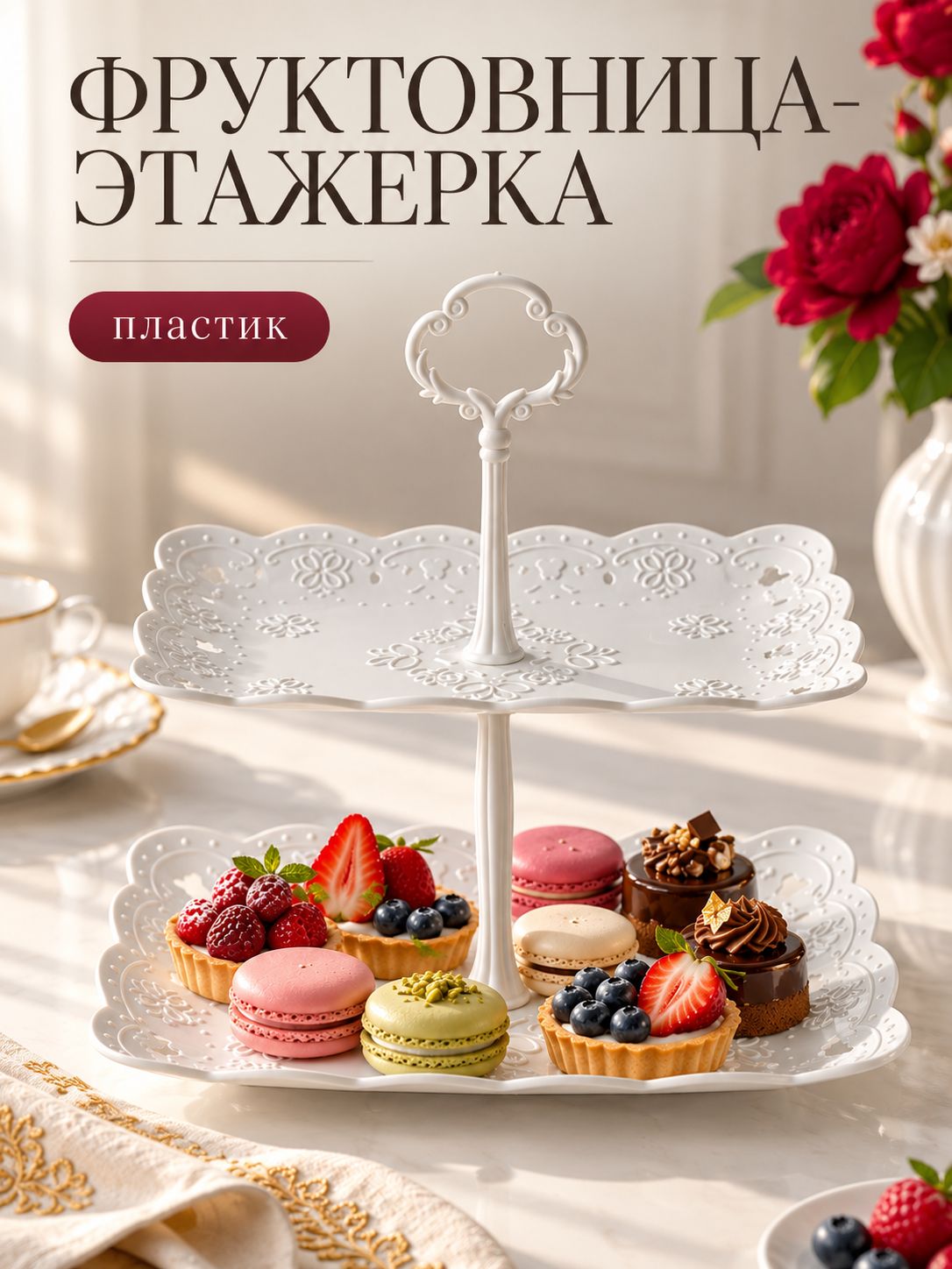 Блюдо сервировочное, этажерка для фруктов, 2-х ярусная, "Вивьен"