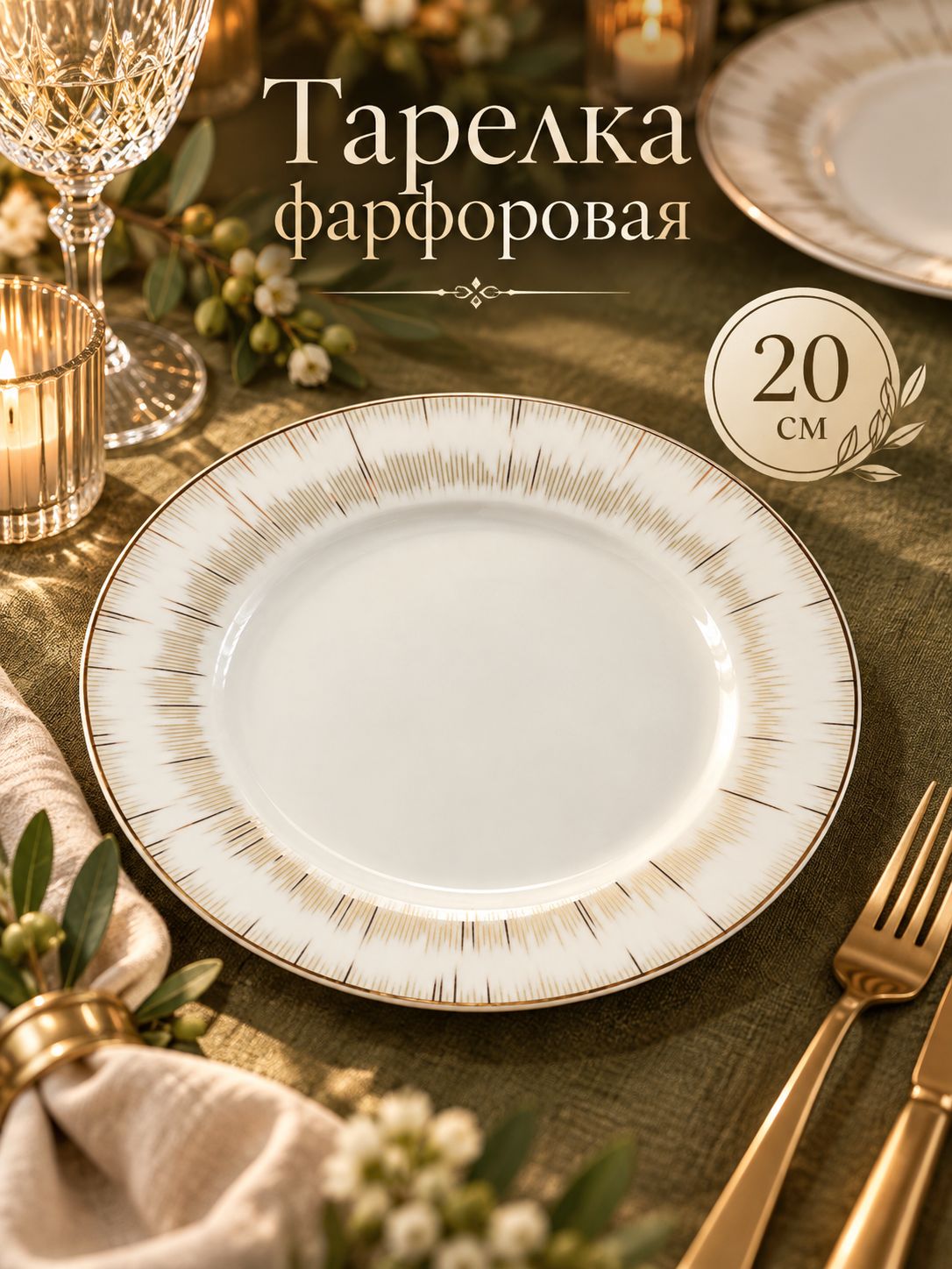 Тарелка плоская 20 см, WY "Golden rays", премиум-фарфор, десертная, сервировочная