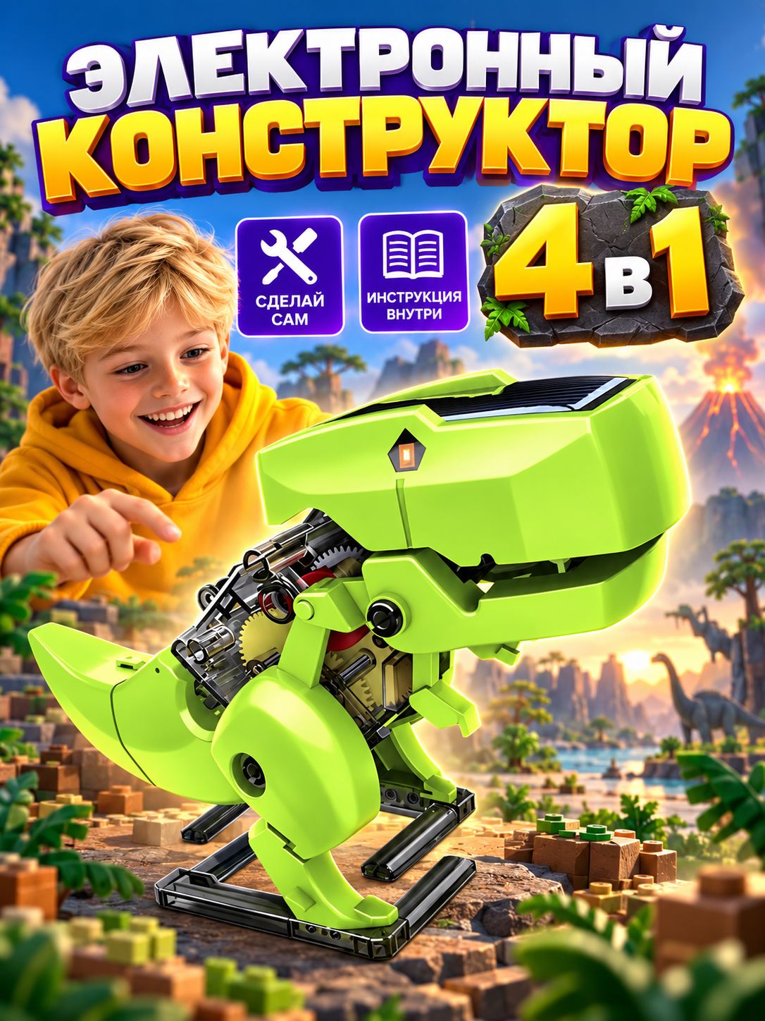 Электронный конструктор 4В1 "Дино-робот трансформер" на солнечной батарее, конструктор для мальчика, 4 варианта сборки